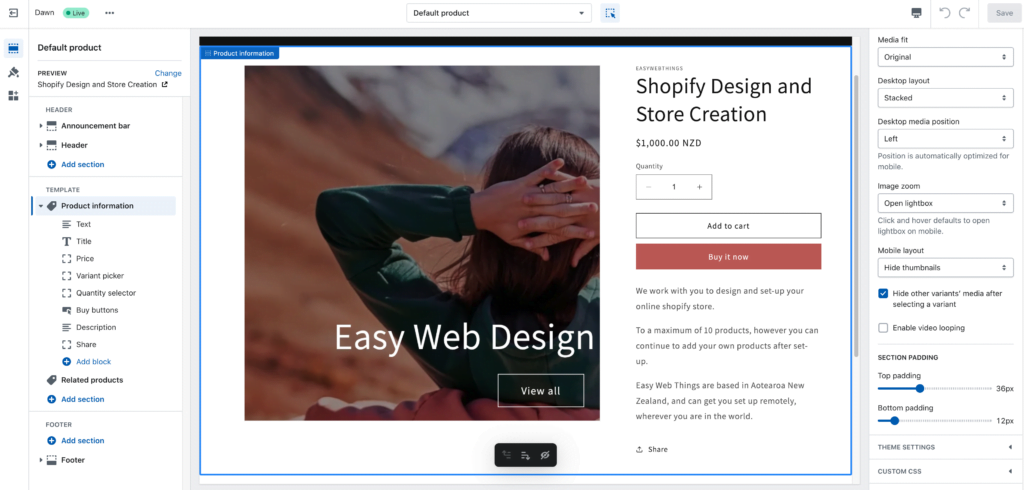 A screenshot showing how to style the product page of a Shopify store