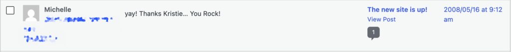 Screenshot of comment on Rock Factory's 2008 new website, "Thanks Kristie, You Rock!"