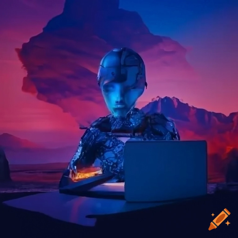 An AI generated image of a cyborg writing on a laptop. The image has a crayon logo, to show it was generated by craiyon.com