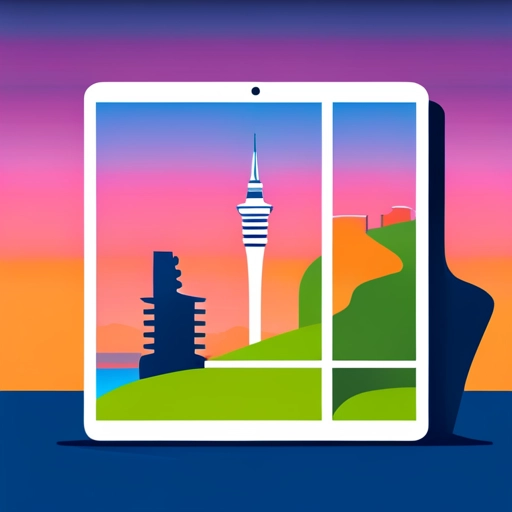 LMS Auckland. Learning Management Systems in Auckland. An abstract image with bright neon colours, representing an online course with an Auckland-inspired landscape, generated by AI.