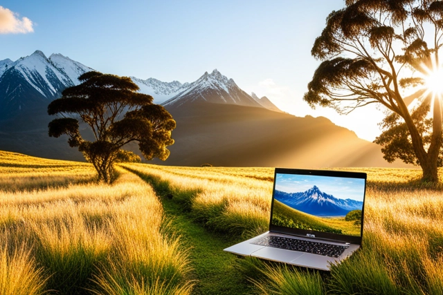 AI generated image showing a web designers laptop among New Zealand scenery, such as plains of golden grasses, and distant mountains.