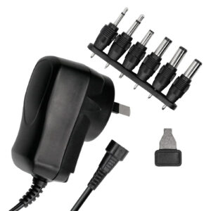 A black power plug with 6 different interchangeable plug ends.